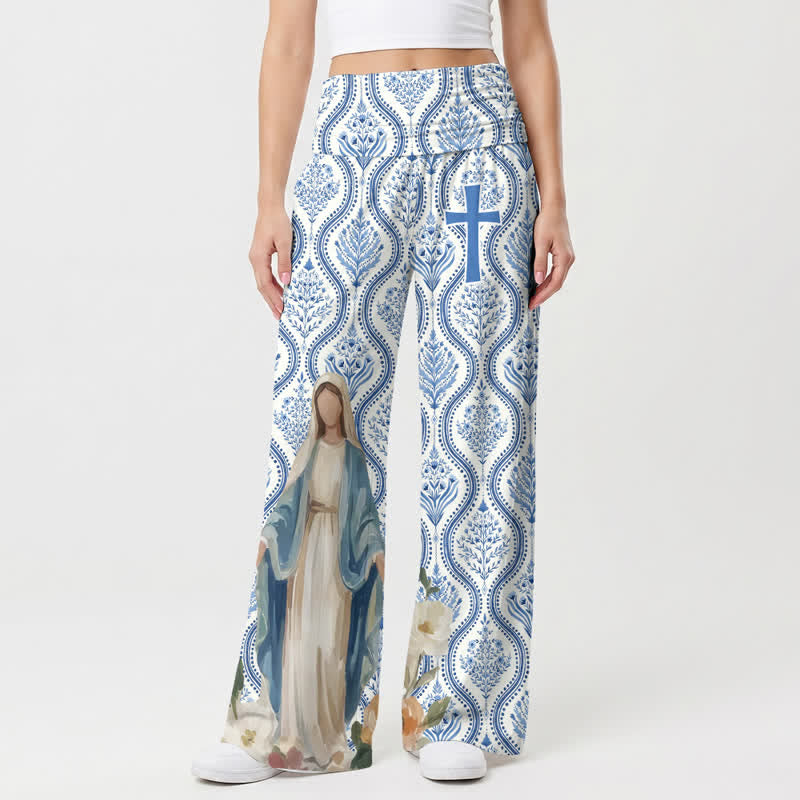Christianartworkshop Blau-weiße Palazzo-Hose mit Madonna-Kreuzmuster für Damen, weites Bein - image 1