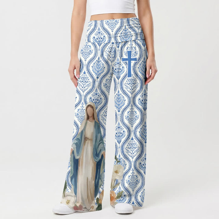 Christianartworkshop Blau-weiße Palazzo-Hose mit Madonna-Kreuzmuster für Damen, weites Bein - image 1
