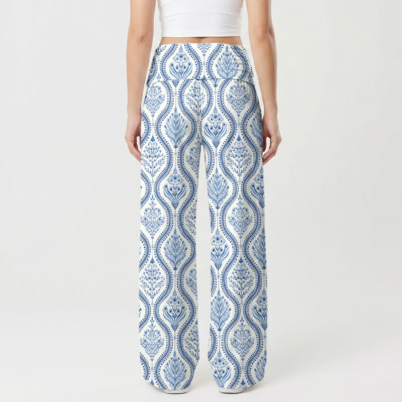 Christianartworkshop Blau-weiße Palazzo-Hose mit Madonna-Kreuzmuster für Damen, weites Bein - image 2