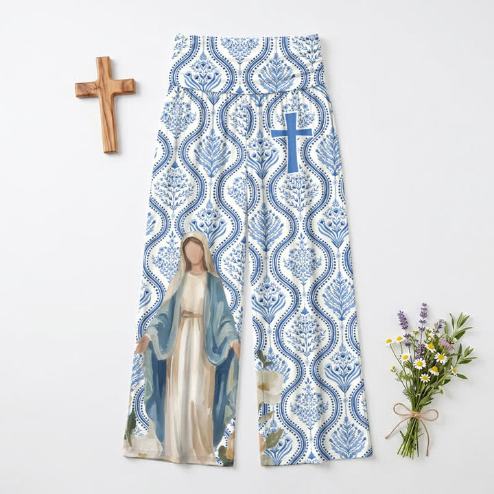 Christianartworkshop Blau-weiße Palazzo-Hose mit Madonna-Kreuzmuster für Damen, weites Bein - US22, UK/AU26, EU54 - image 0