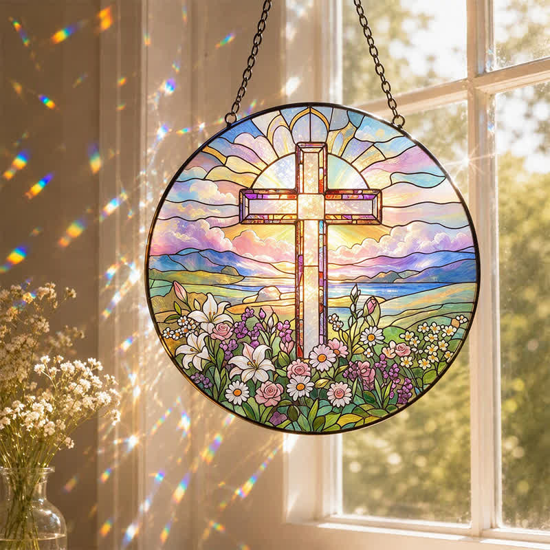 Christianartworkshop Runder, malerischer Kreuz-Sonnenfänger aus Glas: Zeichen zeitloser, heiliger Gnade - image 0