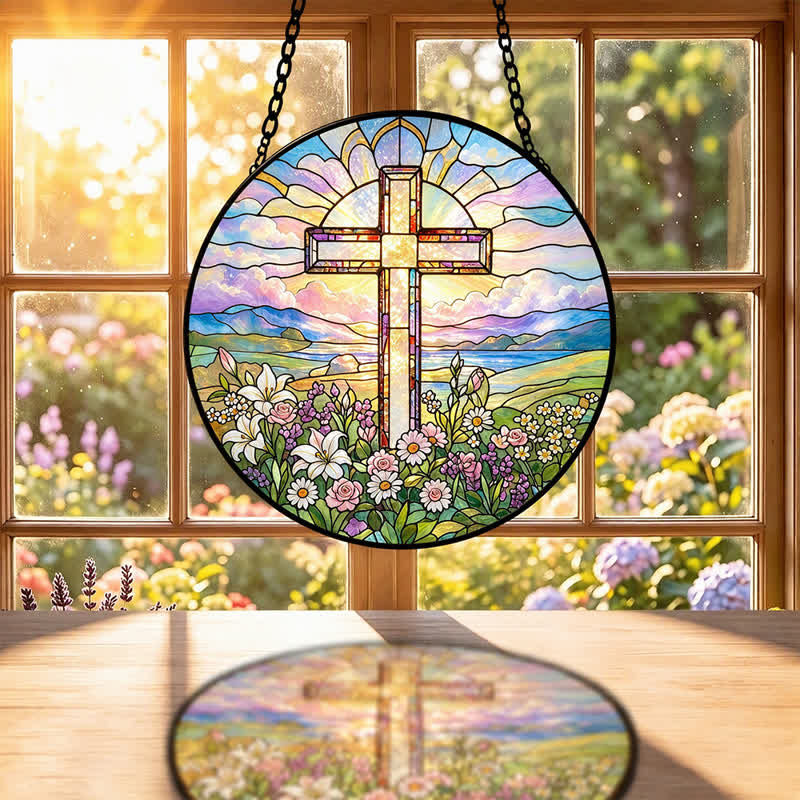 Christianartworkshop Runder, malerischer Kreuz-Sonnenfänger aus Glas: Zeichen zeitloser, heiliger Gnade - image 1