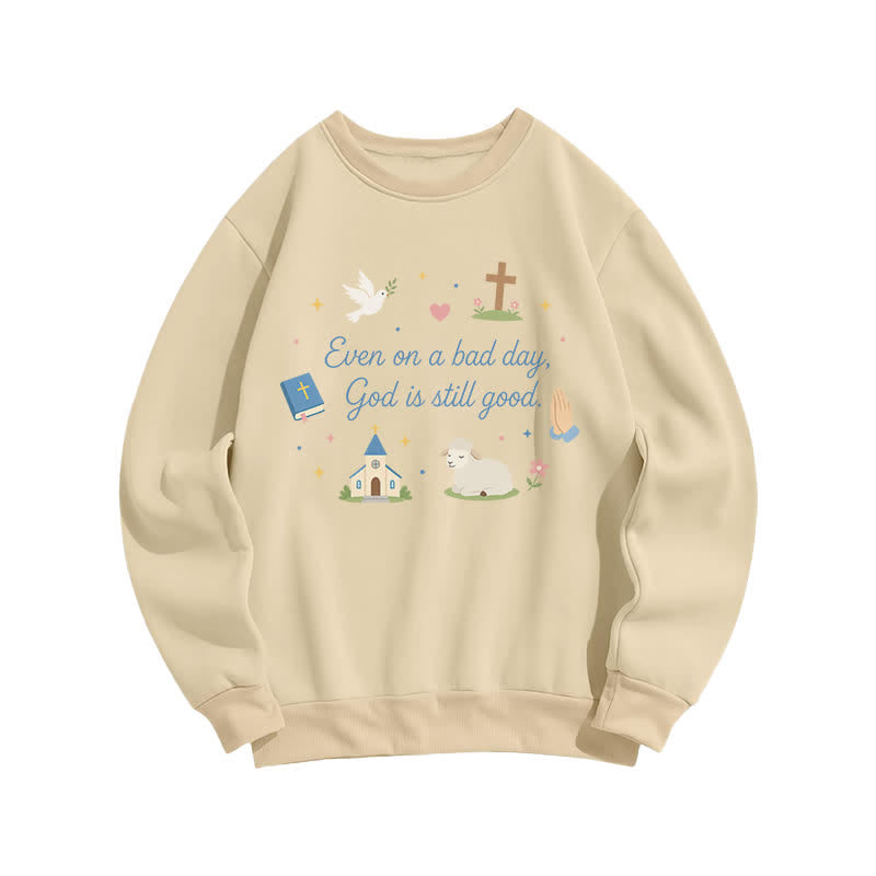 Christianartworkshop „God Is Still Good“ – Gemütliches Sweatshirt mit Rundhalsausschnitt und Grafikprint - Aprikose - 2XL - image 0