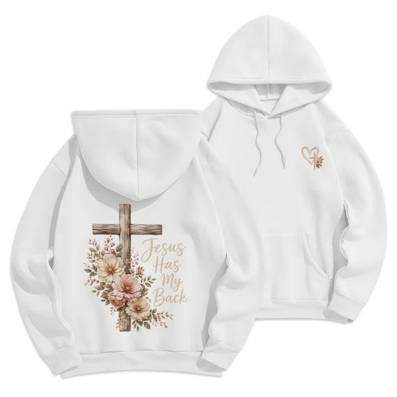 Christianartworkshop Jesus Has My Back Floral Cross White Pullover Hoodie - Weiß - 2XL - image 0