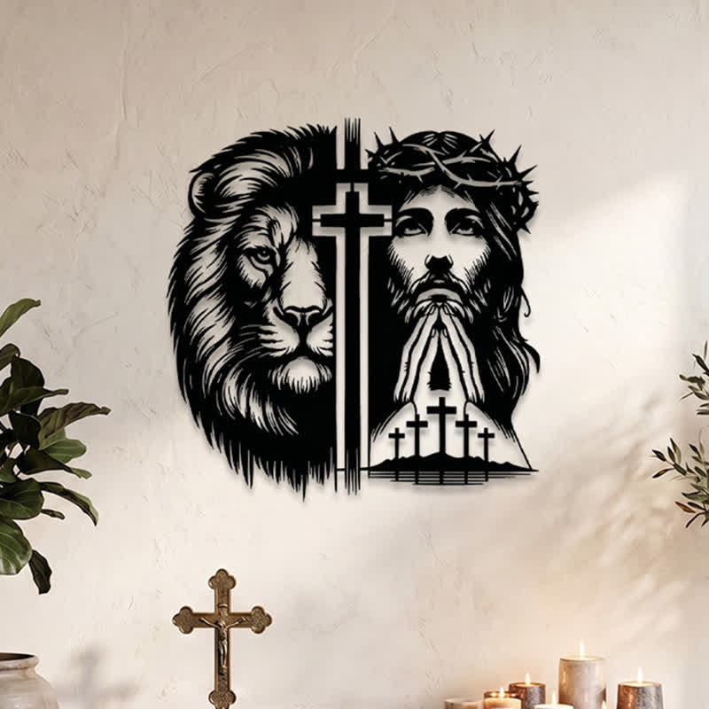 Christianartworkshop Löwe von Juda und Jesus mit Dornenkrone – geteilte Silhouette als Wanddekoration aus Metall - image 0