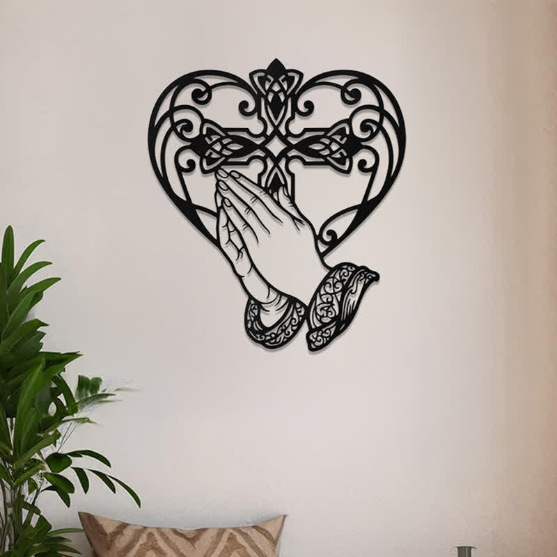 Christianartworkshop Herzförmiger Rahmen mit betenden Händen und Kreuz – Wanddekoration aus Metall: Zeitloses Symbol der heiligen, erlösenden Gnade - image 0