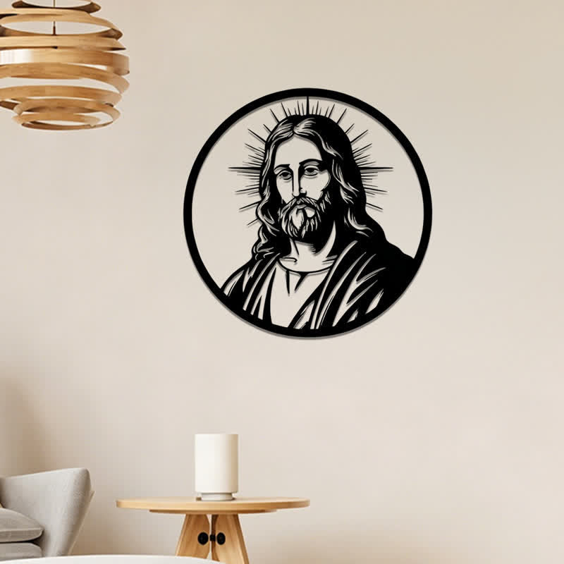 Christianartworkshop Kreisförmiger Rand, strahlender Heiligenschein, Jesusporträt, Wanddekoration aus Metall: Zeitloses Symbol der heiligen, erlösenden Gnade - image 1
