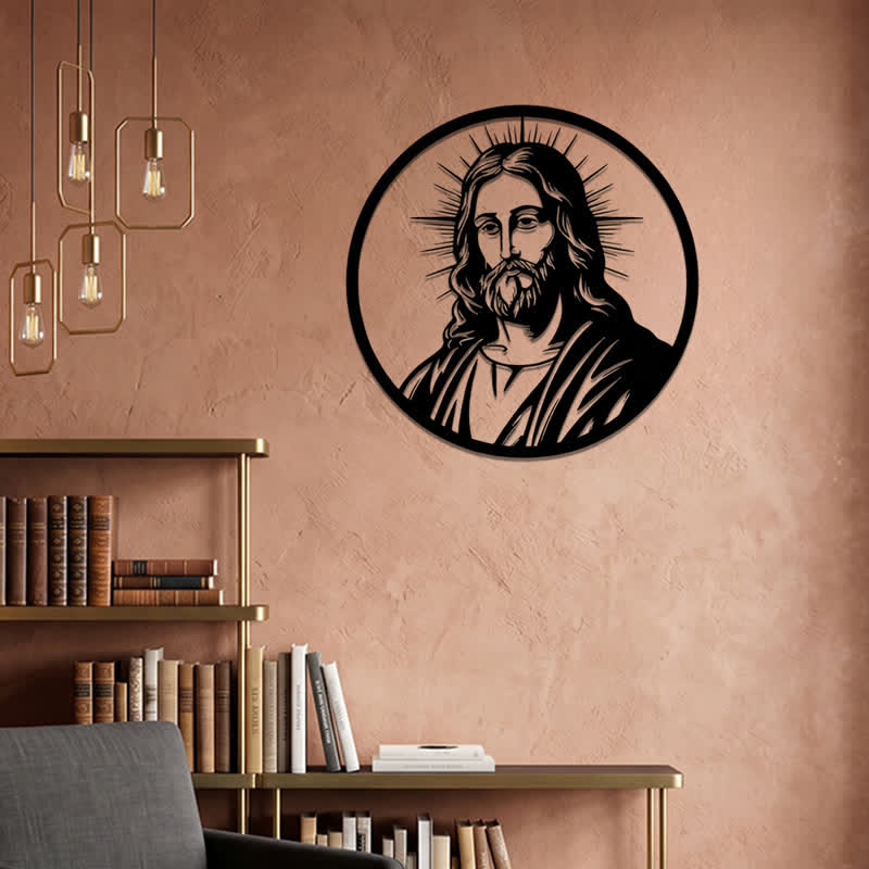 Christianartworkshop Kreisförmiger Rand, strahlender Heiligenschein, Jesusporträt, Wanddekoration aus Metall: Zeitloses Symbol der heiligen, erlösenden Gnade - image 0