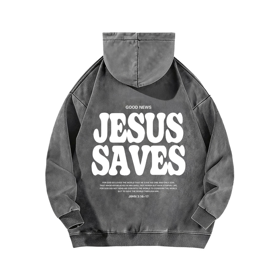 Christianartworkshop Jesus Saves Good News Vorder- und Rückseite gewaschener Hoodie - image 4