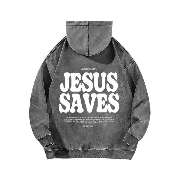 Christianartworkshop Jesus Saves Good News Vorder- und Rückseite gewaschener Hoodie - image 4