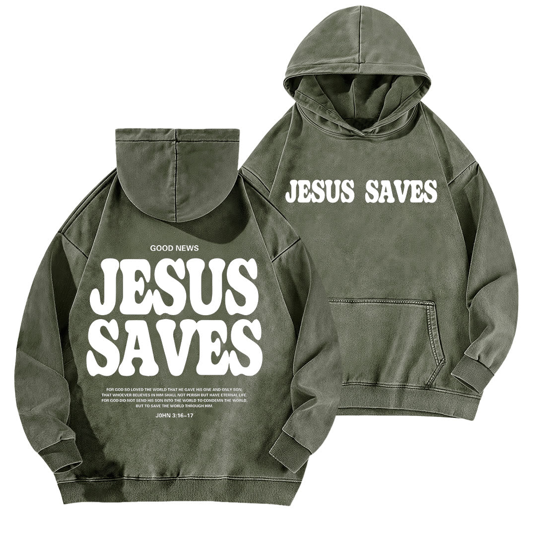 Christianartworkshop Jesus Saves Good News Vorder- und Rückseite gewaschener Hoodie - Armeegrün - 5XL - image 6