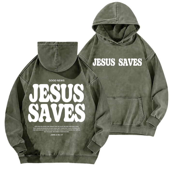 Christianartworkshop Jesus Saves Good News Vorder- und Rückseite gewaschener Hoodie - Armeegrün - 5XL - image 6