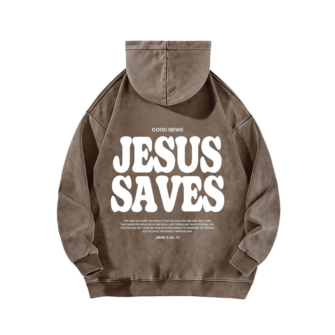 Christianartworkshop Jesus Saves Good News Vorder- und Rückseite gewaschener Hoodie - image 10