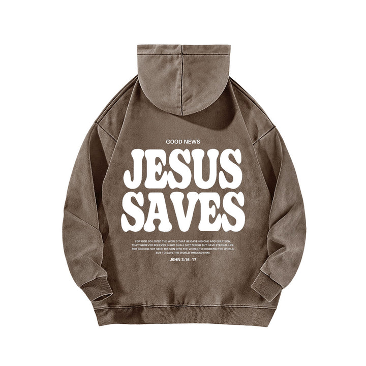 Christianartworkshop Jesus Saves Good News Vorder- und Rückseite gewaschener Hoodie - image 10
