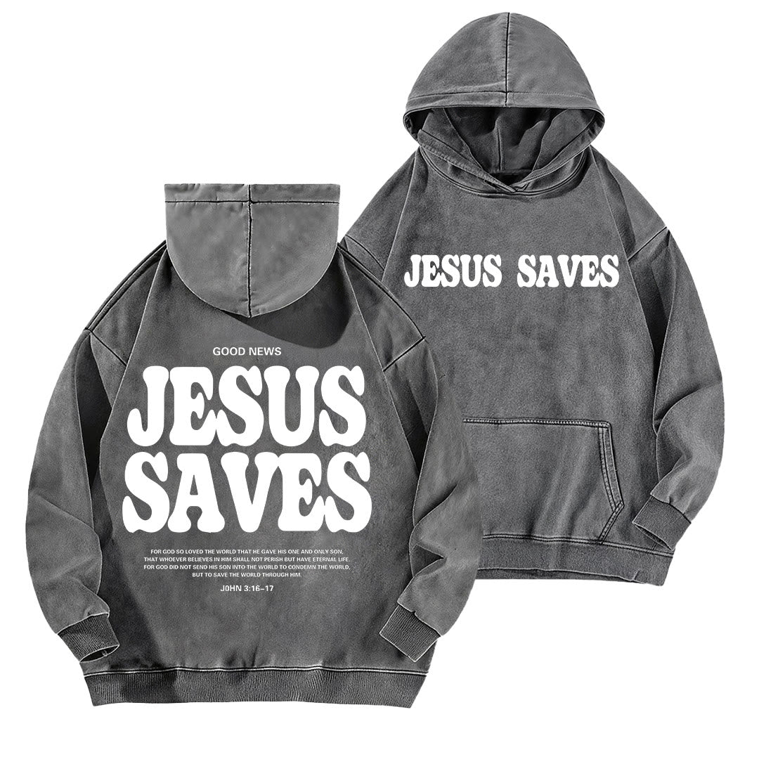Christianartworkshop Jesus Saves Good News Vorder- und Rückseite gewaschener Hoodie - Grau - 5XL - image 3