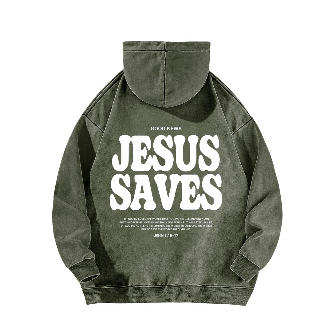 Christianartworkshop Jesus Saves Good News Vorder- und Rückseite gewaschener Hoodie - image 7