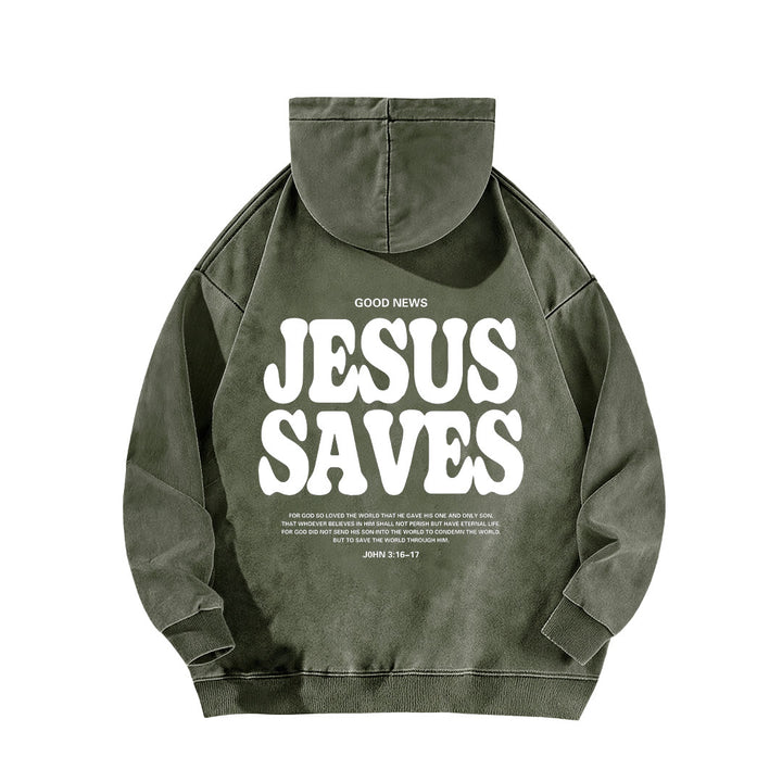 Christianartworkshop Jesus Saves Good News Vorder- und Rückseite gewaschener Hoodie - image 7