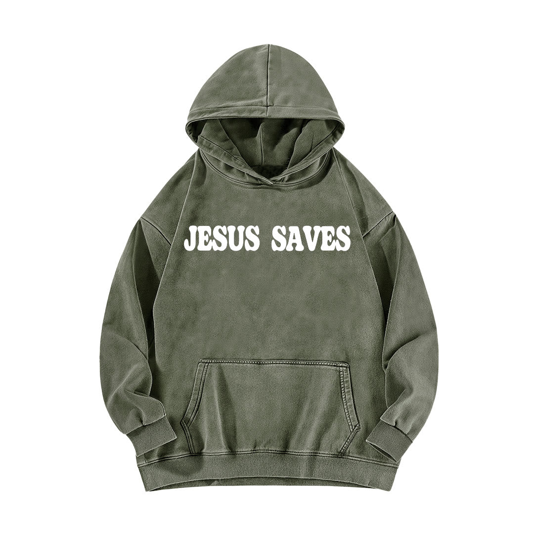 Christianartworkshop Jesus Saves Good News Vorder- und Rückseite gewaschener Hoodie - image 8