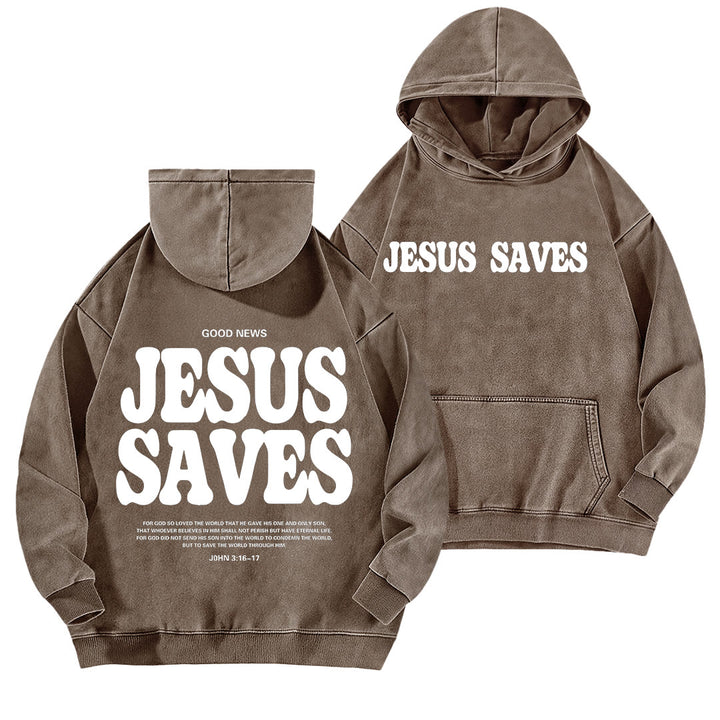 Christianartworkshop Jesus Saves Good News Vorder- und Rückseite gewaschener Hoodie - Braun - 5XL - image 9