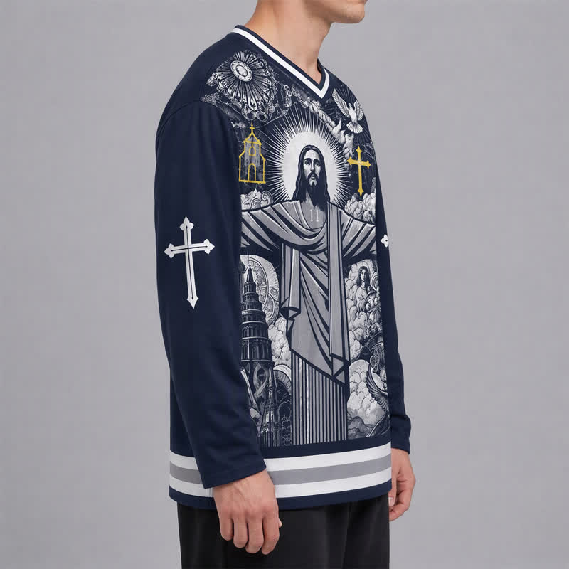 Christianartworkshop Jesus 23 Navy Streetwear Langarm-Hockeytrikot - image 6
