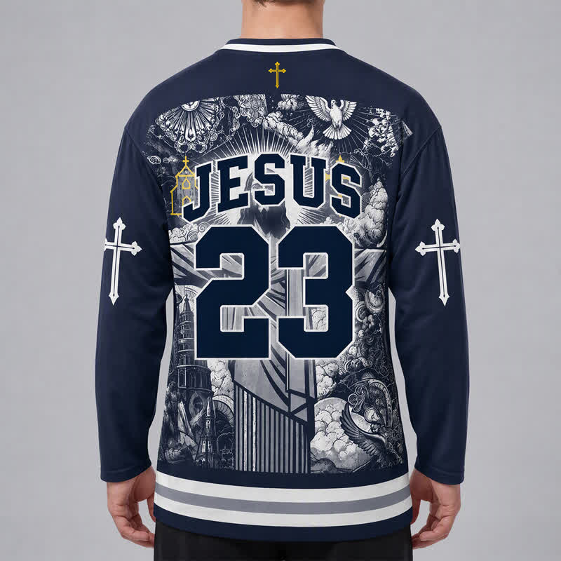 Christianartworkshop Jesus 23 Navy Streetwear Langarm-Hockeytrikot - image 4