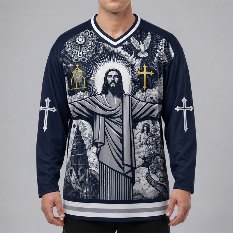 Christianartworkshop Jesus 23 Navy Streetwear Langarm-Hockeytrikot - image 3