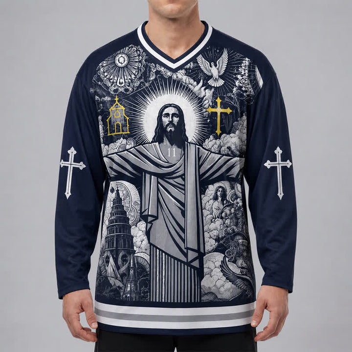 Christianartworkshop Jesus 23 Navy Streetwear Langarm-Hockeytrikot - image 3