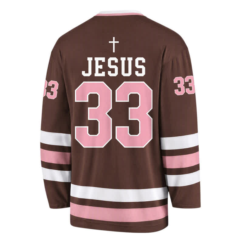 Christianartworkshop Jesus 33 Vintage braunes Langarm-Hockeytrikot - image 1