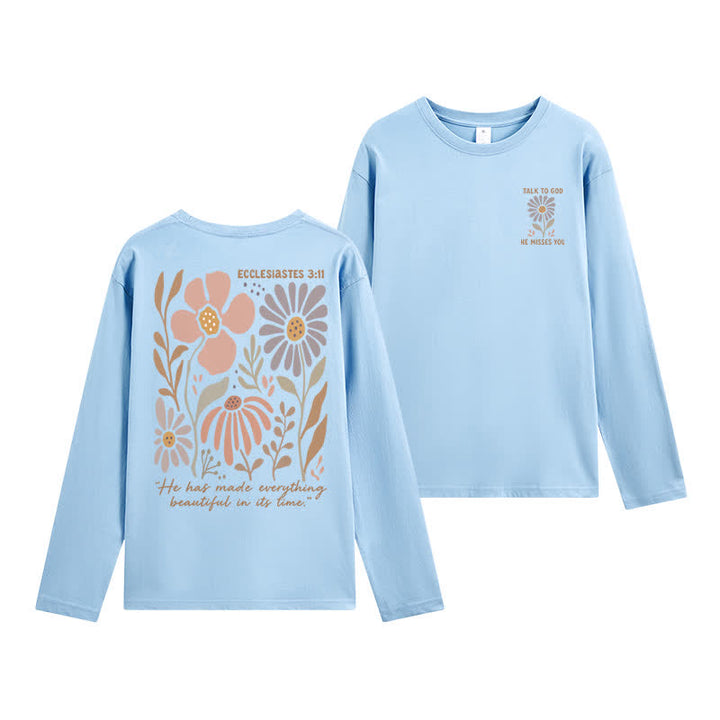 Christianartworkshop Doppelseitiges Langarm-T-Shirt mit Blumenmuster und Prediger 3,11 - Himmelblau - 4XL - image 30