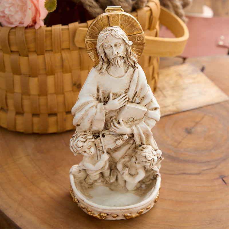 Christianartworkshop Antikes, geschnitztes Weihwasserbecken mit Jesus und Engeln: Symbol sanfter himmlischer Führung - image 1