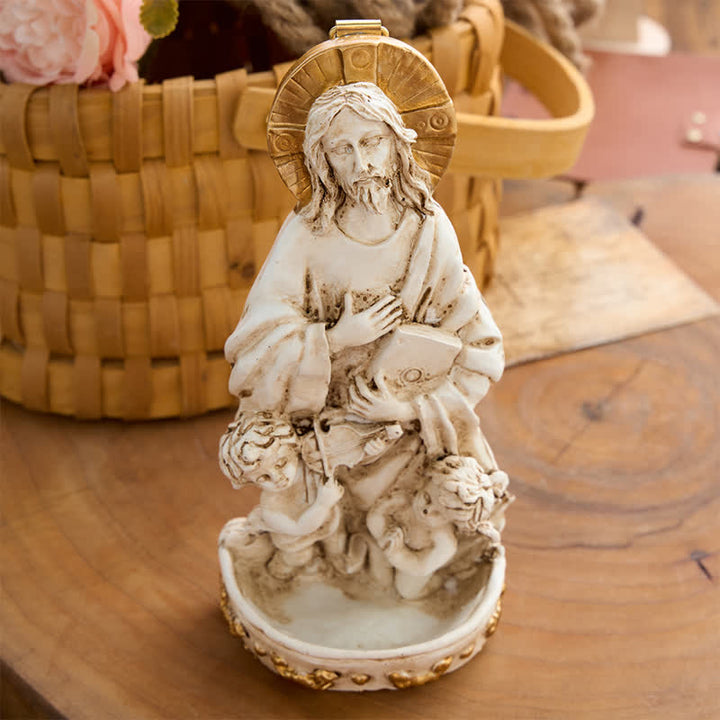 Christianartworkshop Antikes, geschnitztes Weihwasserbecken mit Jesus und Engeln: Symbol sanfter himmlischer Führung - image 1