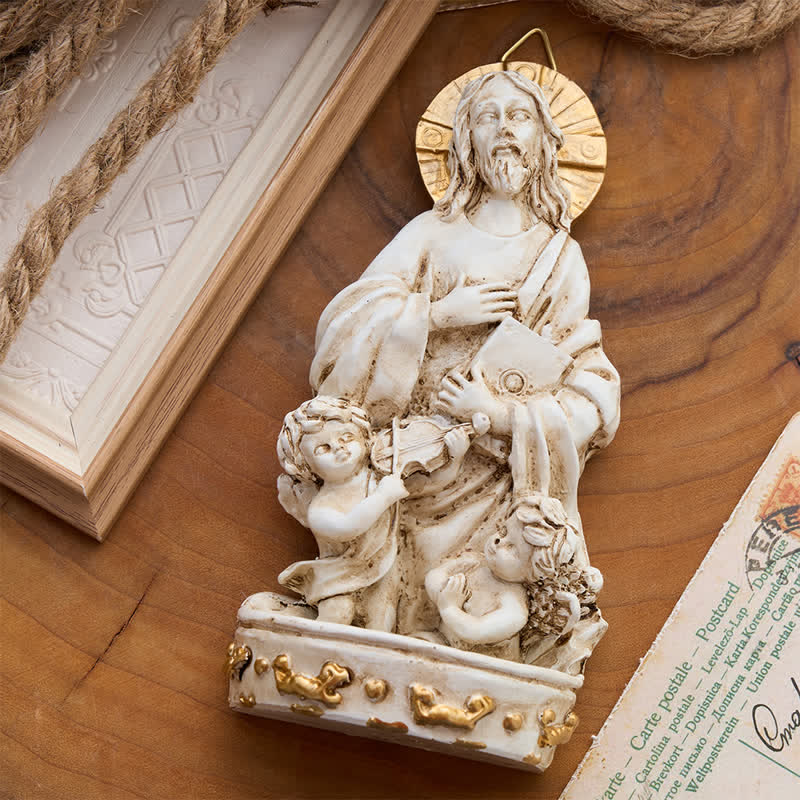 Christianartworkshop Antikes, geschnitztes Weihwasserbecken mit Jesus und Engeln: Symbol sanfter himmlischer Führung - image 2