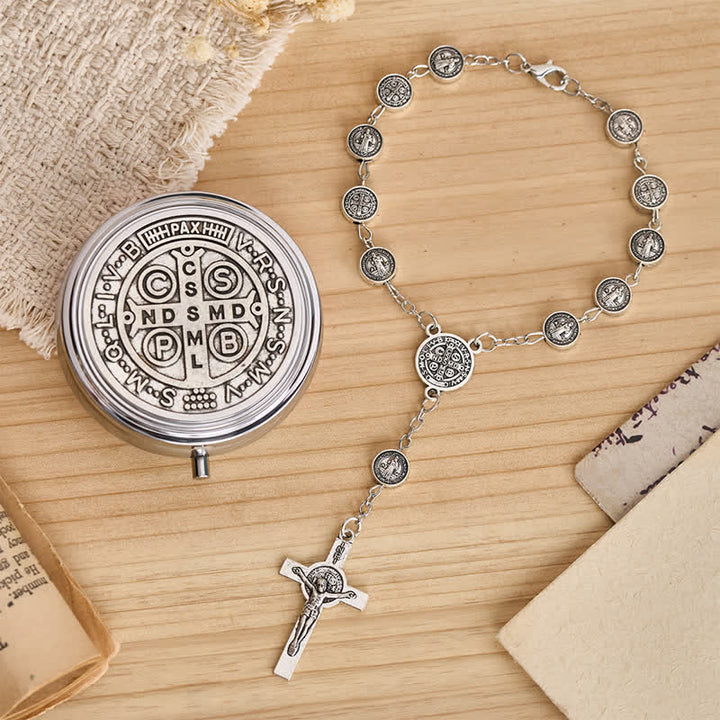 Christianartworkshop Rosenkranzarmband mit Gravur des Heiligen Benedikt und Kruzifix - St.-Benedikt-Medaille und Kruzifix - image 0