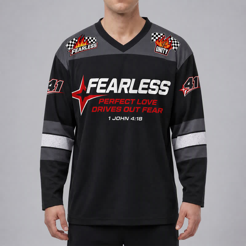 Christianartworkshop Furchtloses schwarzes Rennflaggen-Langarm-Hockeytrikot - image 3