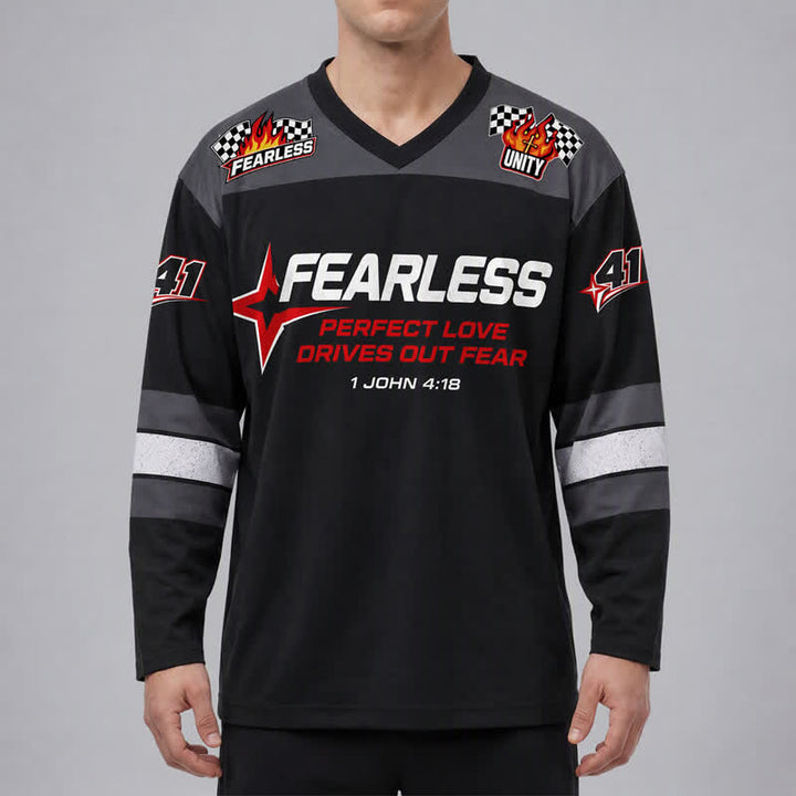 Christianartworkshop Furchtloses schwarzes Rennflaggen-Langarm-Hockeytrikot - image 3