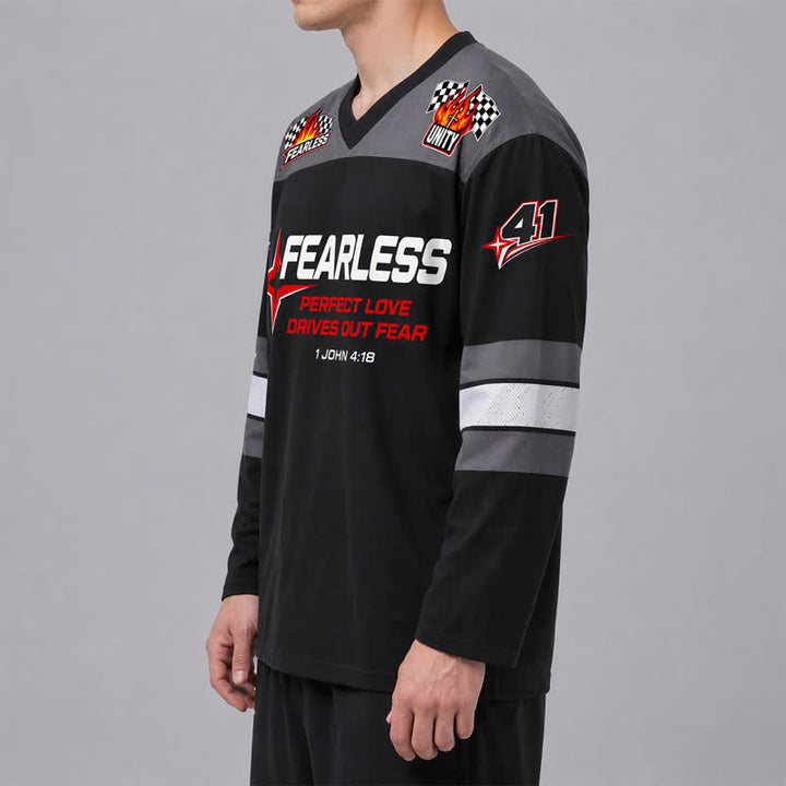 Christianartworkshop Furchtloses schwarzes Rennflaggen-Langarm-Hockeytrikot - image 5