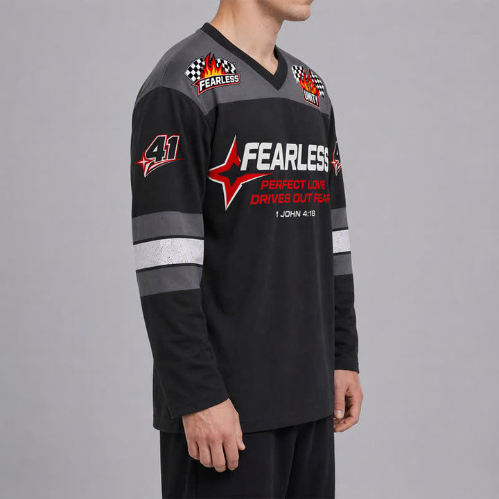 Christianartworkshop Furchtloses schwarzes Rennflaggen-Langarm-Hockeytrikot - image 6