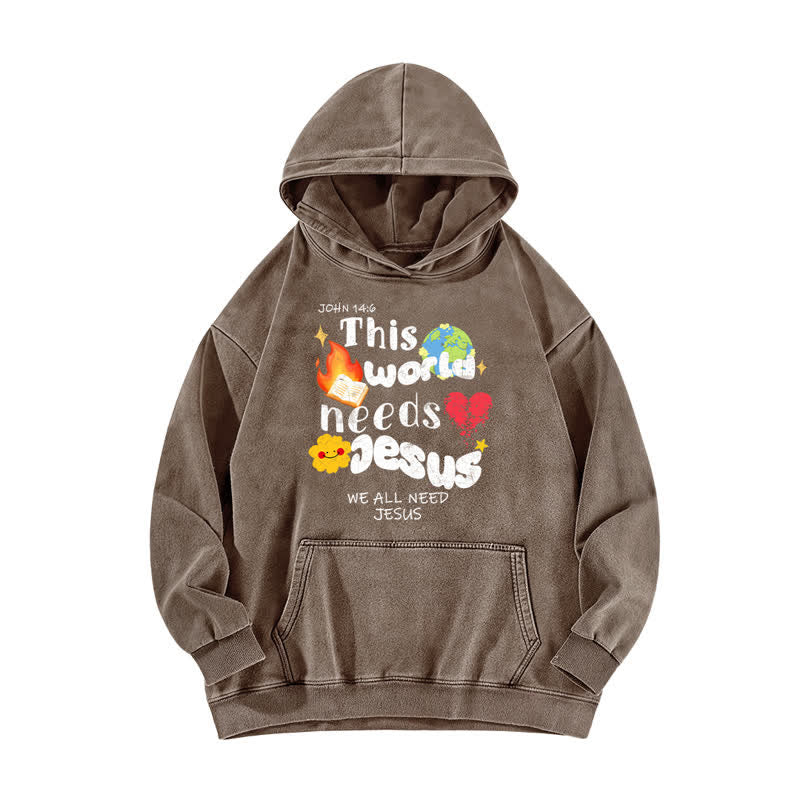 Christianartworkshop Dieser Welt braucht Jesus Vintage Streetwear gewaschener Hoodie - Kaffee - 5XL - image 0