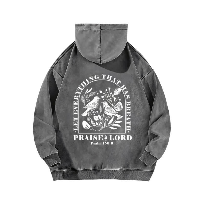 Christianartworkshop Lobet den Herrn! Beige gewaschener Hoodie mit botanischem Vogelmotiv - image 7
