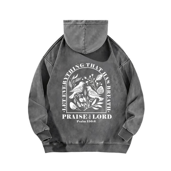 Christianartworkshop Lobet den Herrn! Beige gewaschener Hoodie mit botanischem Vogelmotiv - image 7