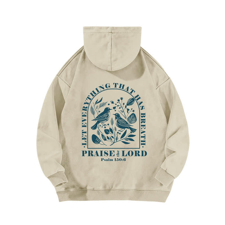 Christianartworkshop Lobet den Herrn! Beige gewaschener Hoodie mit botanischem Vogelmotiv - image 1