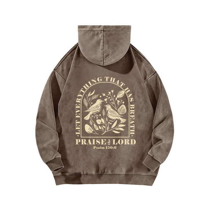 Christianartworkshop Lobet den Herrn! Beige gewaschener Hoodie mit botanischem Vogelmotiv - image 13