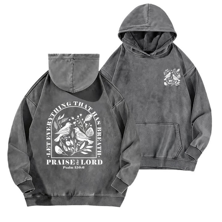 Christianartworkshop Lobet den Herrn! Beige gewaschener Hoodie mit botanischem Vogelmotiv - Grau - 5XL - image 6