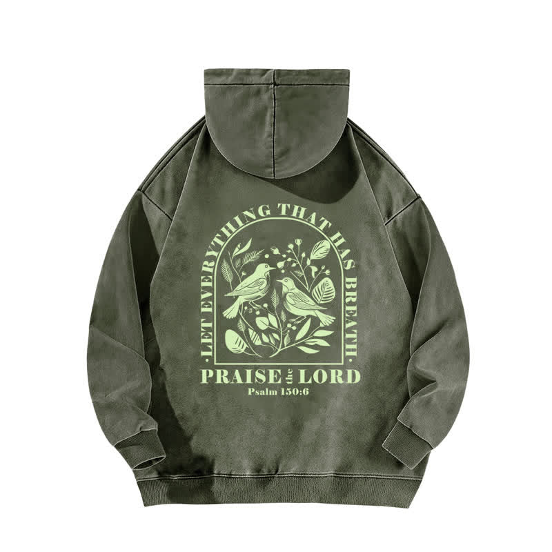 Christianartworkshop Lobet den Herrn! Beige gewaschener Hoodie mit botanischem Vogelmotiv - image 10