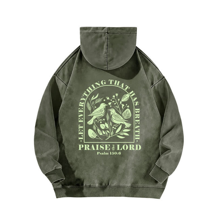 Christianartworkshop Lobet den Herrn! Beige gewaschener Hoodie mit botanischem Vogelmotiv - image 10