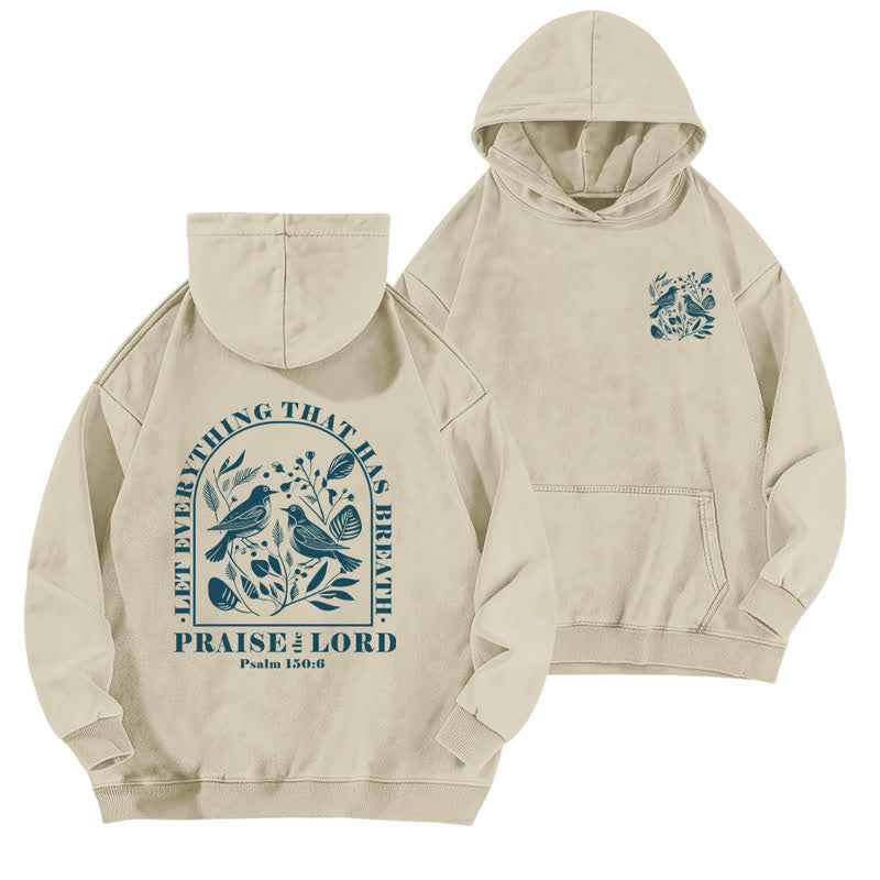 Christianartworkshop Lobet den Herrn! Beige gewaschener Hoodie mit botanischem Vogelmotiv - Aprikose - 5XL - image 0