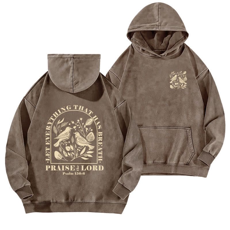 Christianartworkshop Lobet den Herrn! Beige gewaschener Hoodie mit botanischem Vogelmotiv - Kaffee - 5XL - image 12