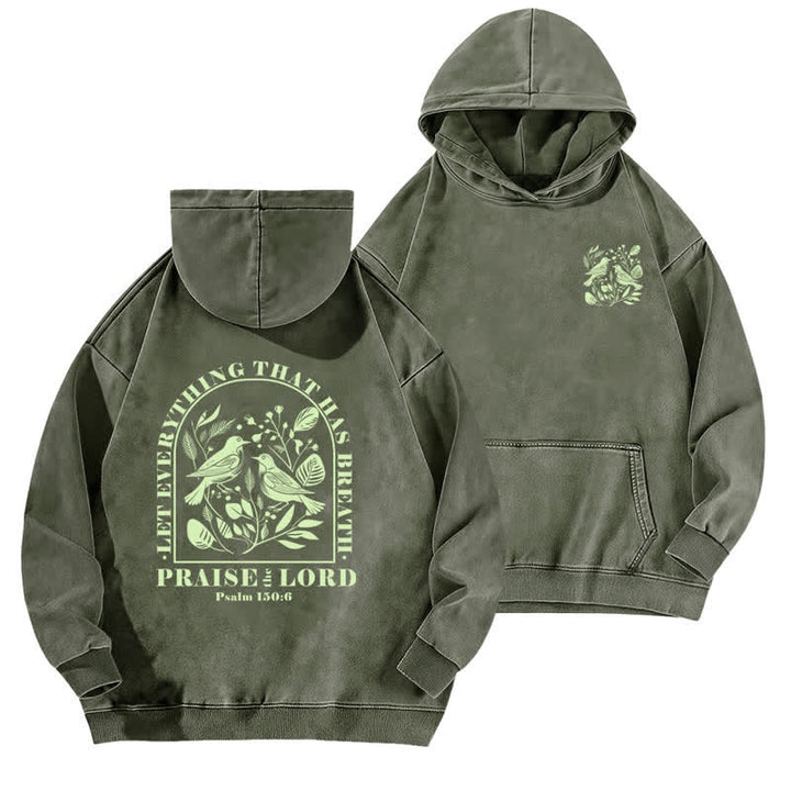 Christianartworkshop Lobet den Herrn! Beige gewaschener Hoodie mit botanischem Vogelmotiv - Armeegrün - 5XL - image 9