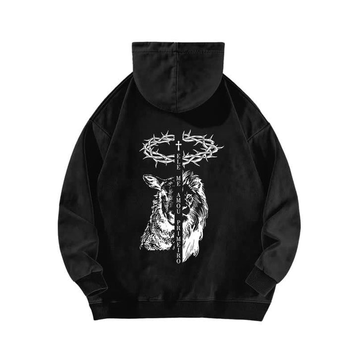 Christianartworkshop Beige gewaschener Hoodie mit Dornenkronen-Kreuz-Grafik - image 4