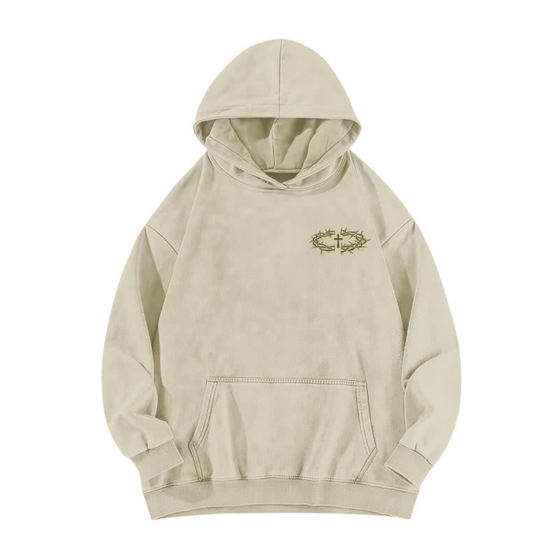 Christianartworkshop Beige gewaschener Hoodie mit Dornenkronen-Kreuz-Grafik - image 2